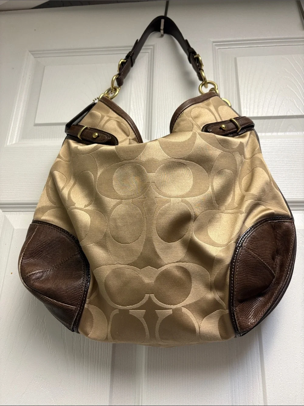 Coach Tan and Brown Signature Shoulder Bag